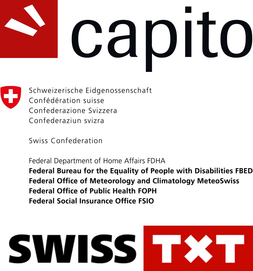 Logos von capito, Büro für die Gleichstellung von Menschen mit Behinderungen EBGB und SWISS TXT