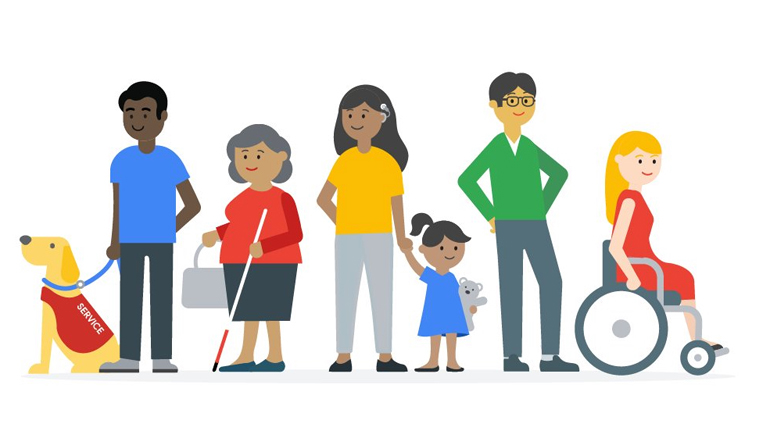 Illustration of six people with and without disabilities and a guide dog